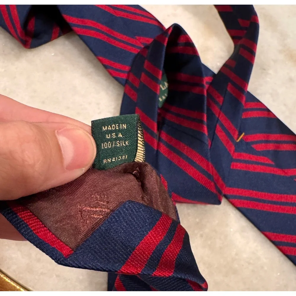 Lauren Ralph Lauren Mens Silk Tie Navy Blue Red Striped Repp Hand Finished USA